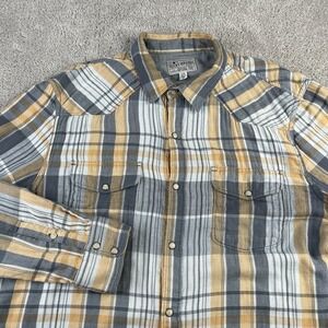 Lucky Brand Shirt Mens Large Grey Yellow Plaid Western Pearl‎ Snap Double Face